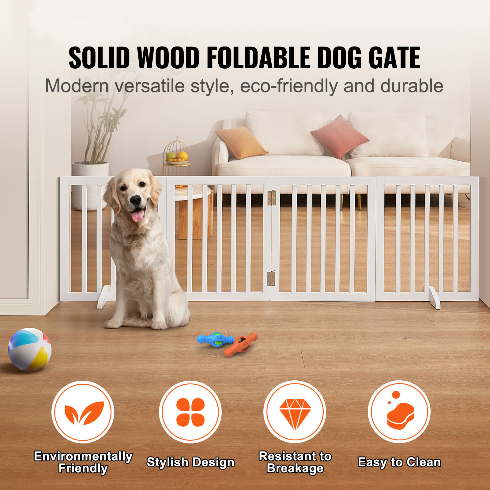 Foldable Freestanding Dog Gate White 4 Panels For Pet Safety_voghion.com